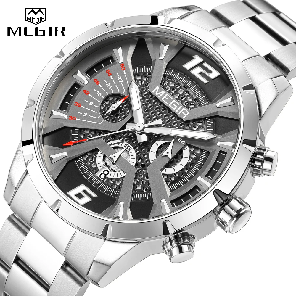 

MEGIR Men Dress Quartz Watch Fashion Strap Waterproof Steel Strap Chronograph Analog Wristwatch Male Auto Date Luminous Hands