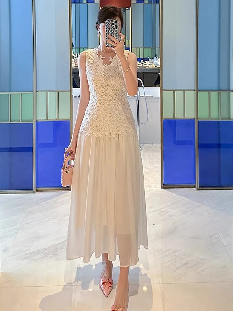 ชุดเดรสยาวสีขาวผ้าชีฟองลูกไม้แขนกุดทรงเข้ารูปสำหรับผู้หญิง สไตล์หรูหรา เหมาะสำหรับงานปาร์ตี้ งานพรอม งานวันเกิด