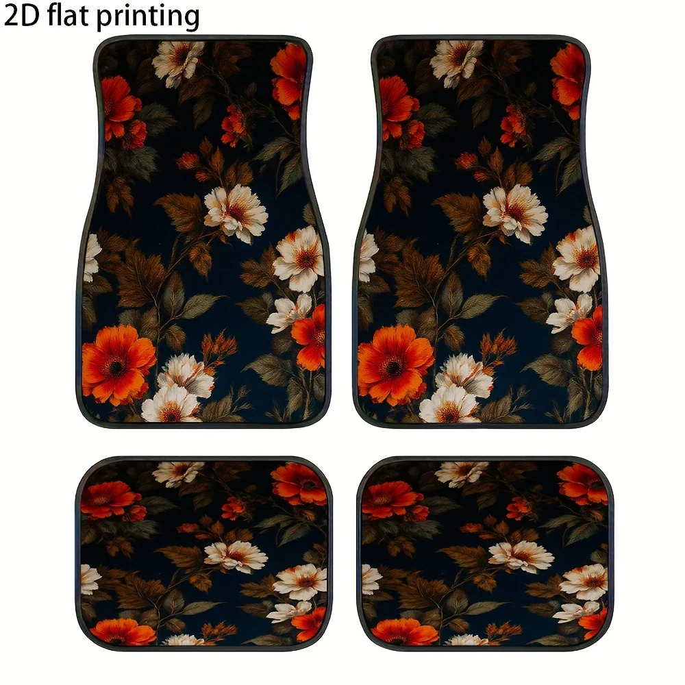 4pcs Car Floor Mats, Dark Background With Orange And White Floral Patterns, Universal Car Mats, Made Of Polyester Fiber, Automot