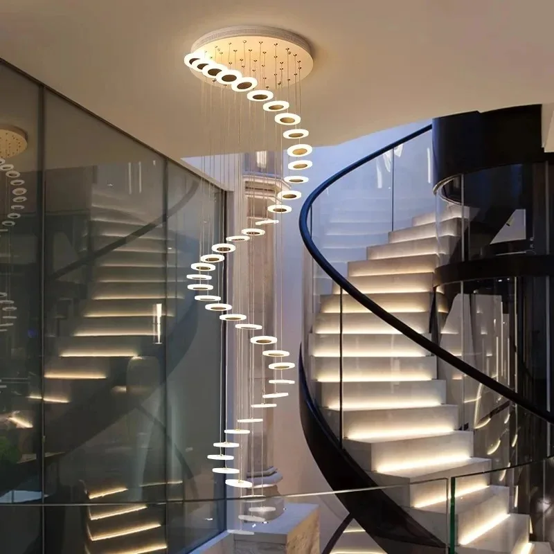 Luxury Staircase Crystal LED Chandelier For Living Room Lobby Large Modern Ring Cristal Hanging Lighting Chrome Long Indoor Lamp