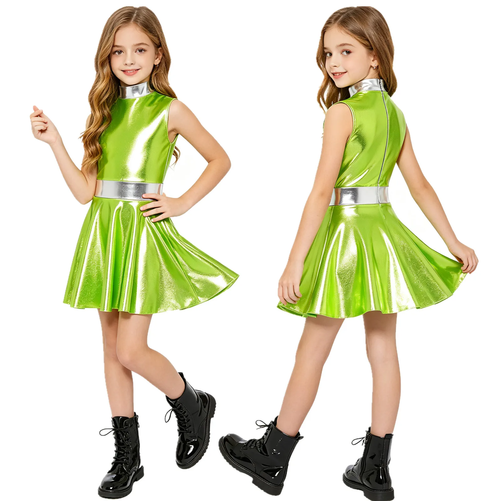 Kids Girls Metallic Shiny Zipper Space Alien Robot Kpop Singer Cosplay Dress for Halloween Theme Party Jazz Dance Performance