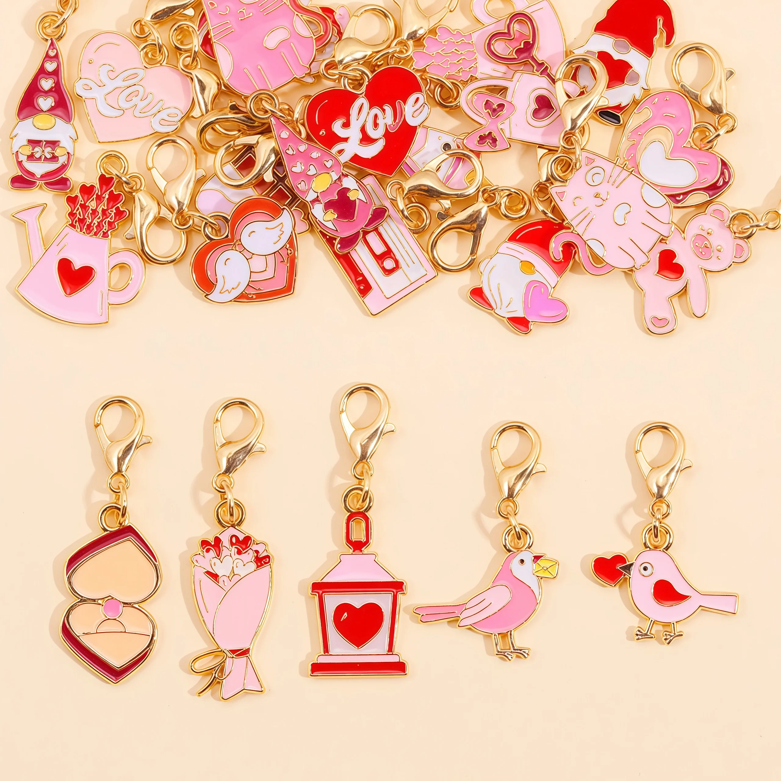 10Pcs Cute Mix Enamel Love Heart Flower Charms Stitch Markers Lobster Buckle Kit For Necklace Shoe Bag DIY Jewelry Crafts Decor