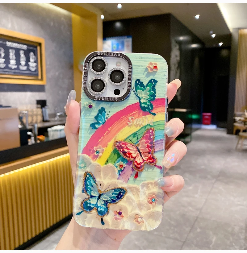 

Romantic Beautiful Butterfly Rainbow Flower Oil Painting Metal Lens Frame Phone Case For iPhone 16 15 14 Plus 13 12 11 Pro Max