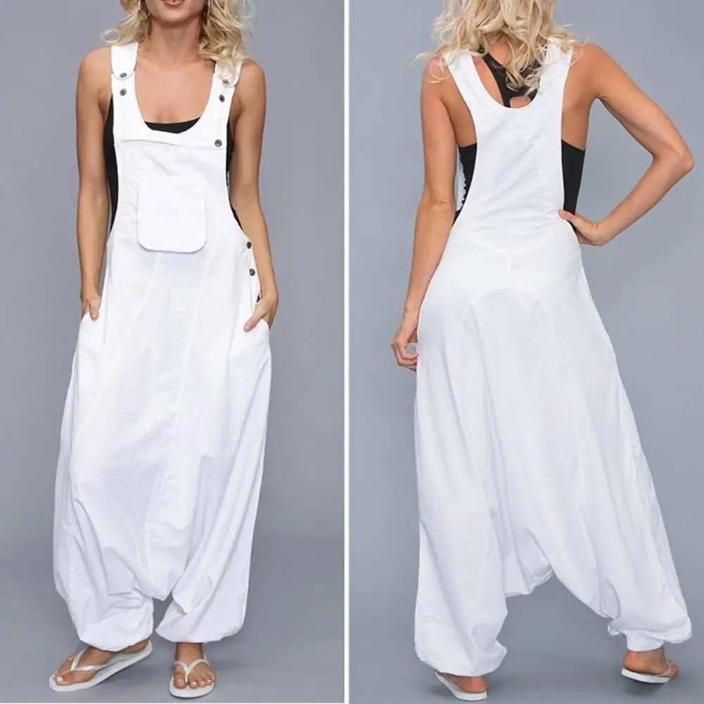 Women Summer Loose Thin Jumpsuits Harem Pants Wide Leg Pants Sleeveless Pockets Bib Jumpsuit Siamese Trousers Large Size S-5XL