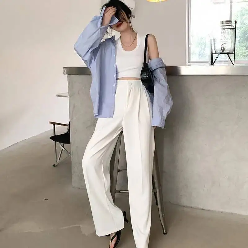 

Summer Women S Draped Suit Korean Style High Waisted Button Casual Pants New Black White Baggy Office Lady Trousers