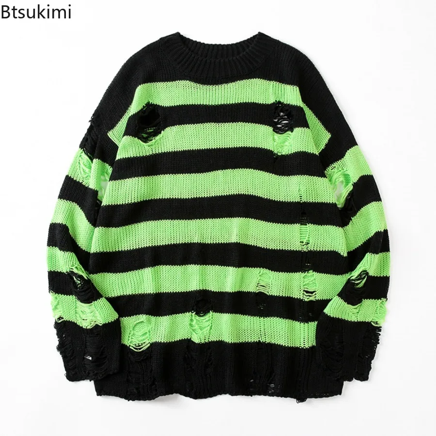 New 2025 Men's Black Stripe Sweaters Trend Ripped Holes Knitted Pullover Sweaters Harajuku Streetwear Couple Loose Knitwear Tops