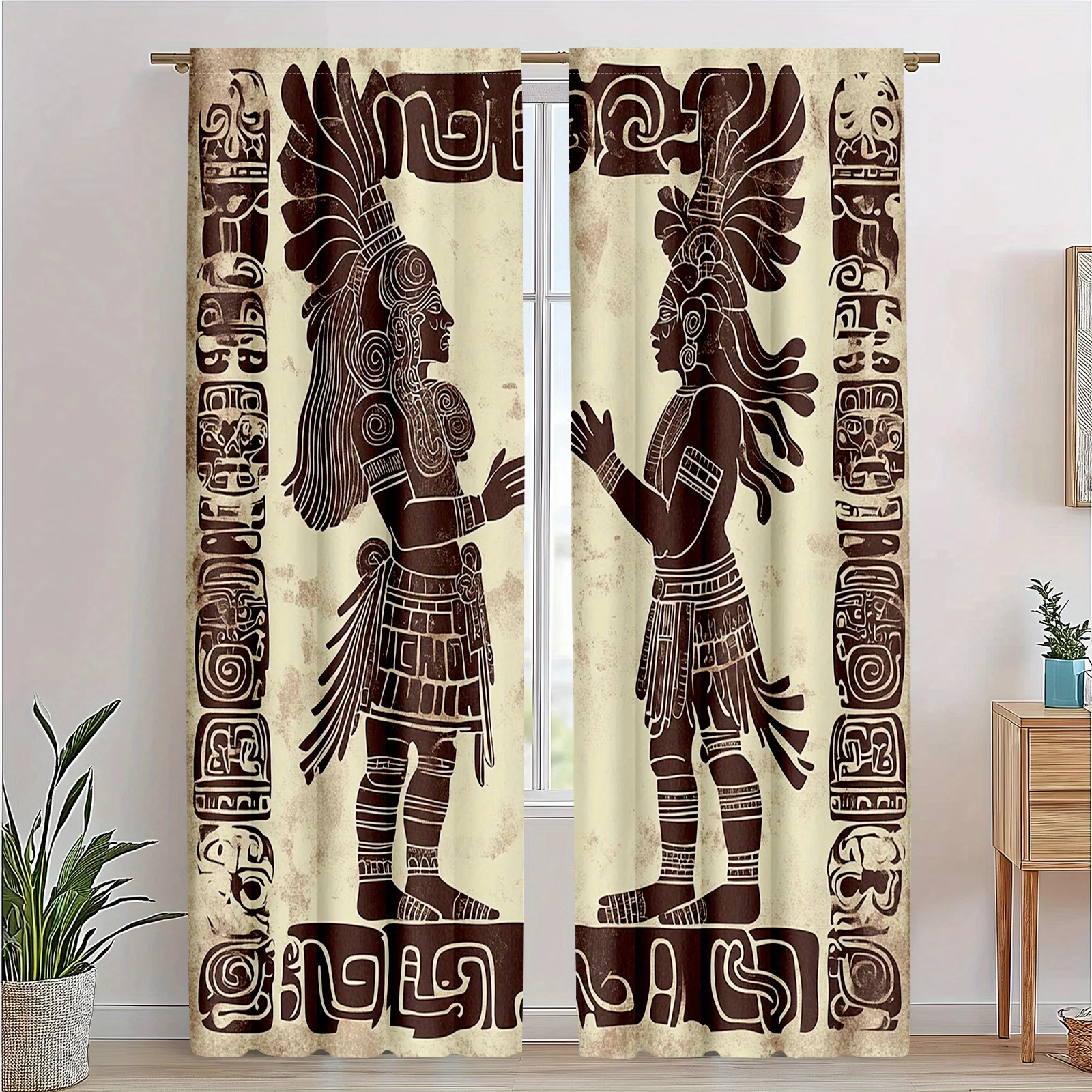 Mayan Folklore King and Serpent Rod Pocket Window Curtains - Mesoamerican Art Room Decor for Bedroom Living Room Set of 2 Panels