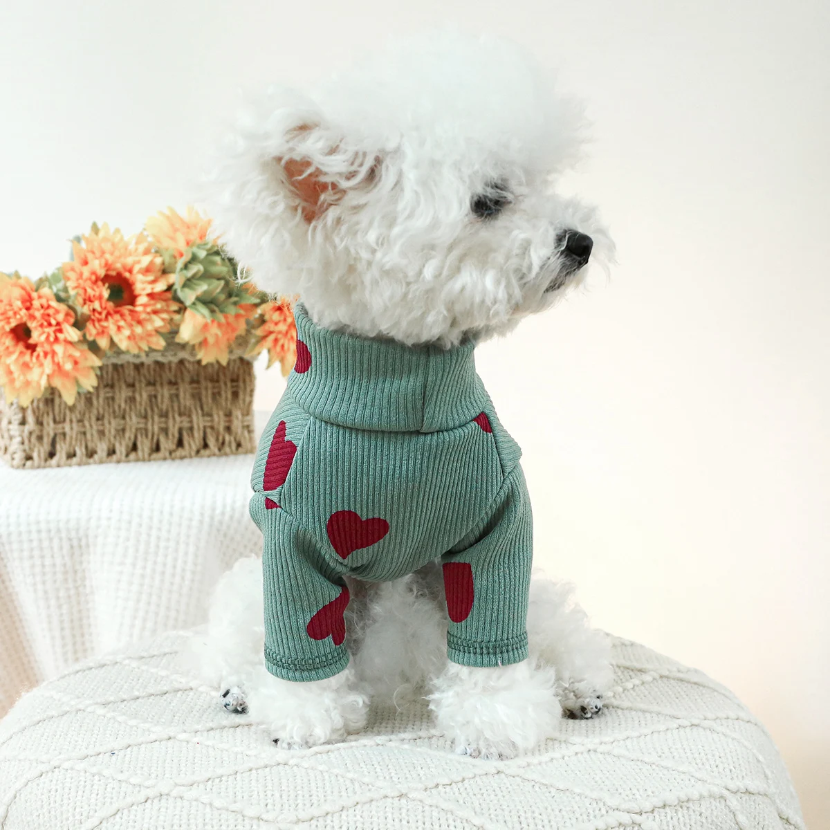 1PC Pet Clothing Dog Cat Spring and Autumn Thin Green Love High Neck Elastic Pullover Pajamas Home Clothes For Small Medium Dogs