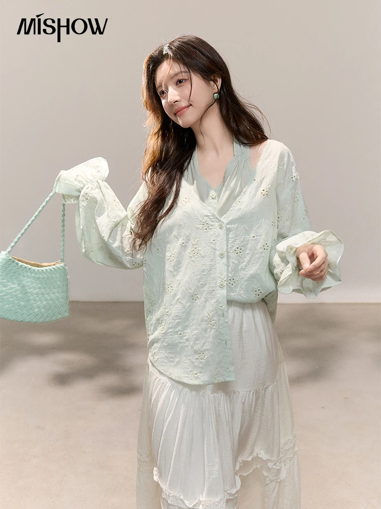 

MISHOW Women's Floral Embroidery Hollow Out Blouse Fake Two-piece 2026 Spring Halter V Neck Casual Loose Solid Shirt MXF14X2537