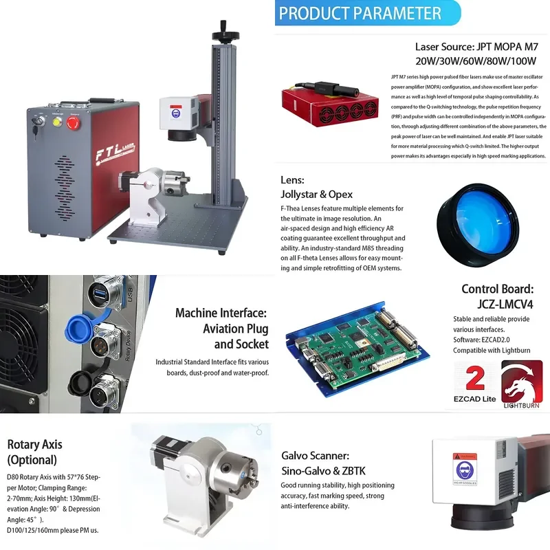 New 3D JPT 100W Mopa Color M7 Fiber Laser Marking Machine for Metal Stone Plastic Engraving AI Support DXF Easy Operation