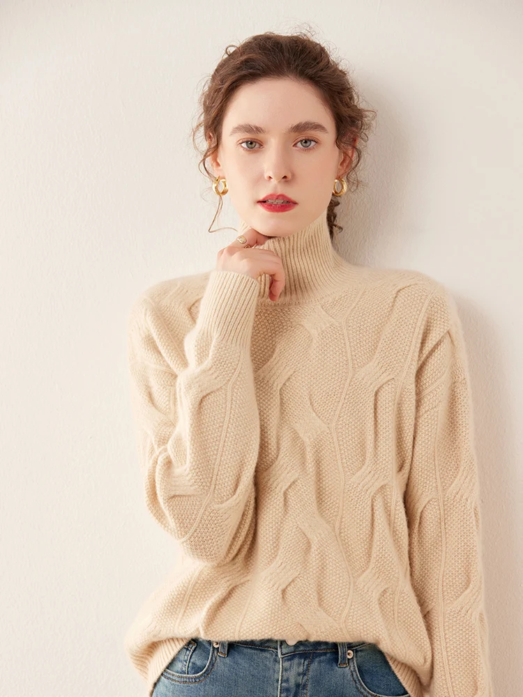 Women\'s 100% Cashmere Sweater For Winter Thick Soft Warm Turtleneck Twist Flower Cashmere Knitwear Female Casual Loose Jumpers