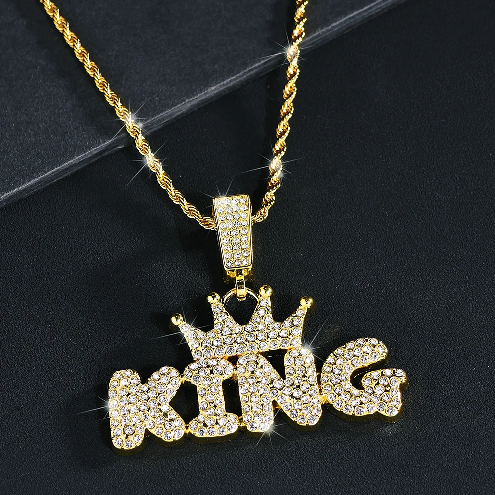 Fashion Hip Hop Crown with KING Pendant Necklace For Men Crystal Cuban Chain Iced Out Bling Hiphop Necklaces Rock Biker Jewelry