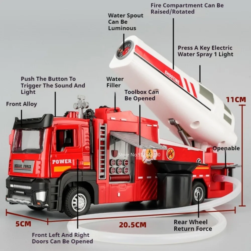 1/32 Scale Fire Truck Model Car Toy 2 Doors Opened Electric Water Spray Metal Diecast Vehicles with Pull Back Toys for Kids Gift