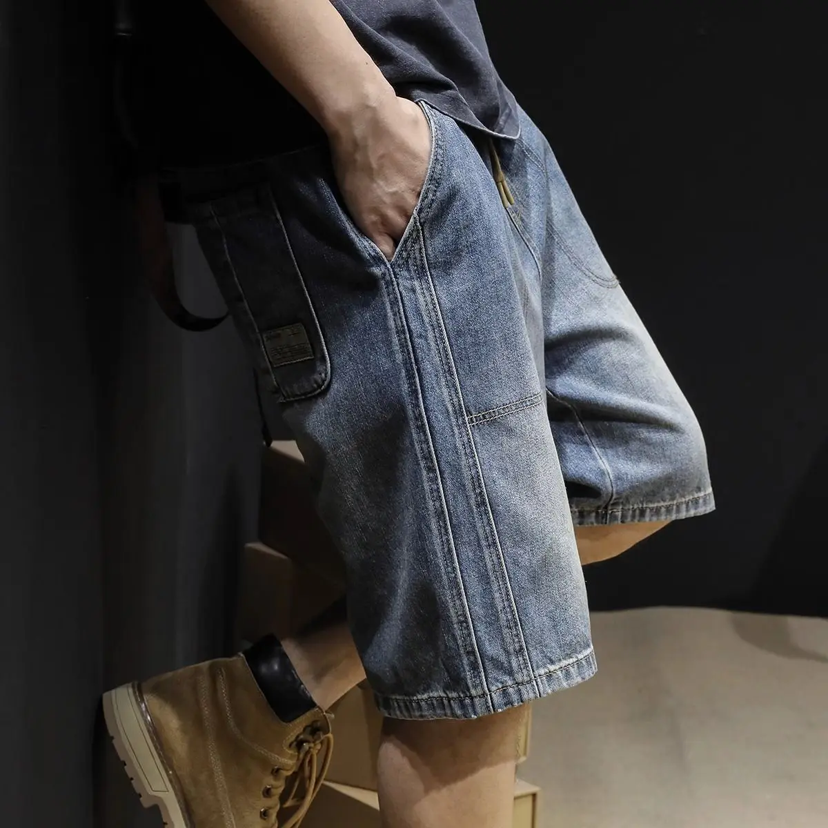 Short Jeans Pants For Men Baggy With Pockets Drawstring Loose Man Denim Shorts Wide Luxury Sale Vintage Original Cut Xxxl