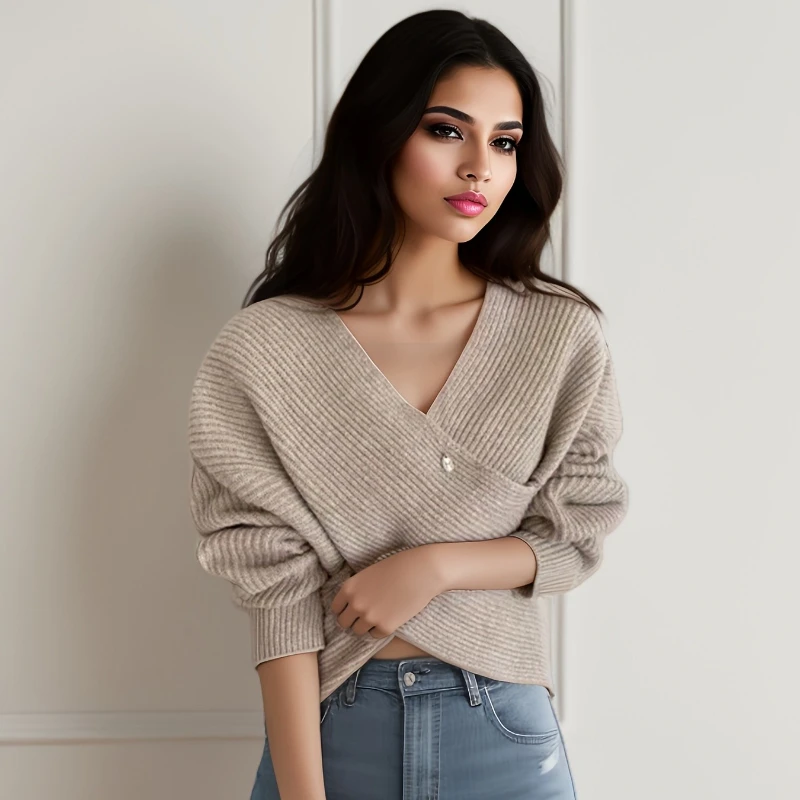 

New Autumn and Winter Fashion Women's Clothing Retro Loose Women's V-neck Knitted Sweater Cross Design Long-sleeved Top Knitwear