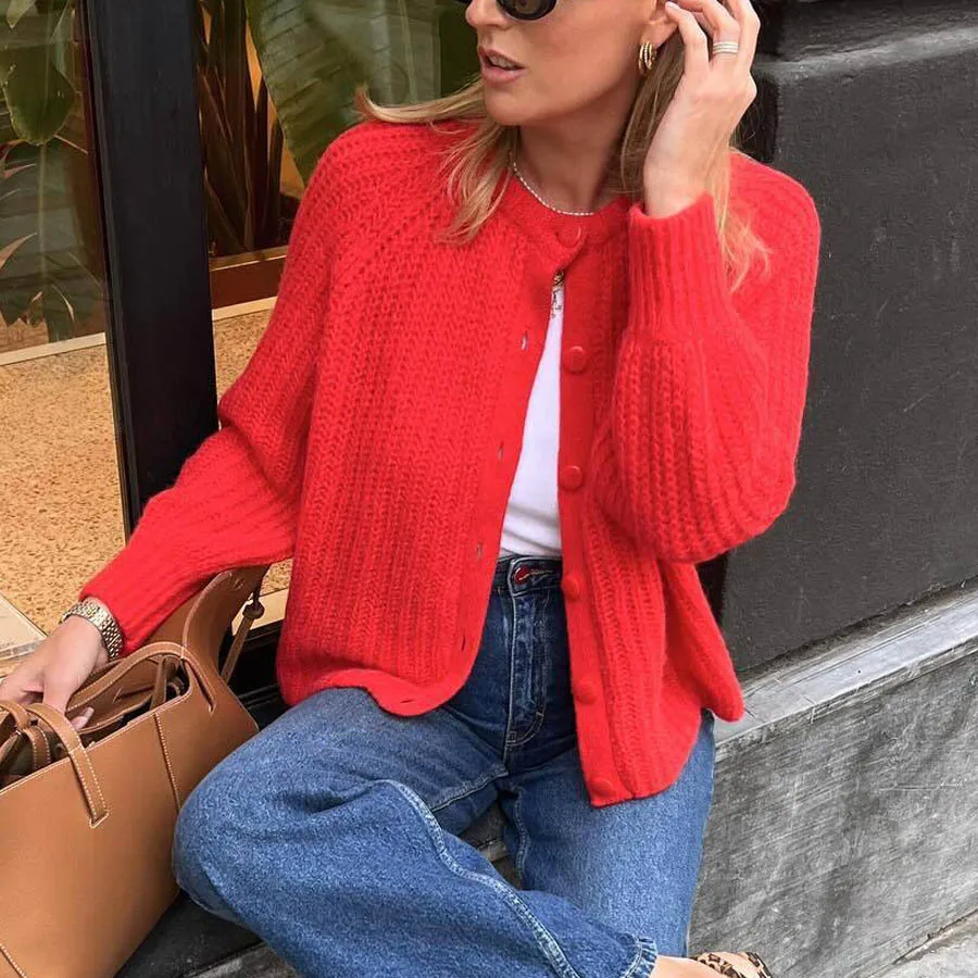 

Casual Solid Knitted Sweater Women Street Single Breasted O-neck Full Sleeve Loose Open Stitch Female 2025 Autumn Lady Knitwear