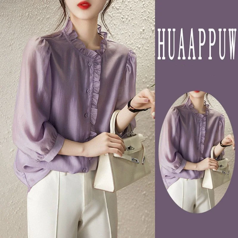 French Style Solid Colored Shirt with Wooden Ear Edge 3/4 Sleeve Cardigan 2023 Summer New Loose Fitting and Breathable Top