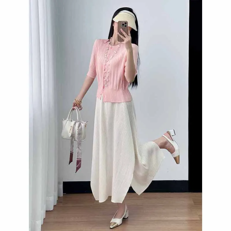 Miyake 2025 여름 신상 주름 단색 반팔 블라우스 고급 패션 캐주얼 다재다능한 단순한 기질