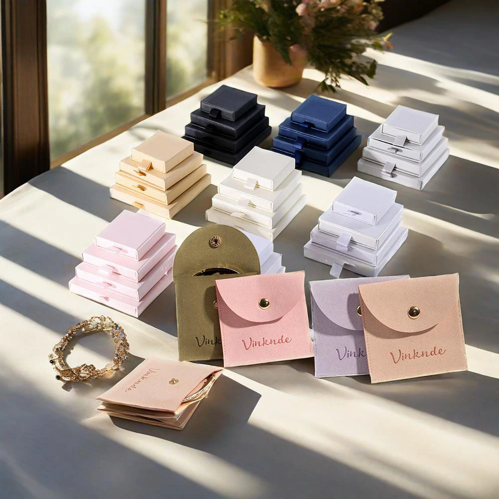 

Packaging Sliding Drawer Box Microfiber Gift Snap Pouch Dust Bag Pink Paper Jewelry Necklace Earring Packaging Bulk Custom Logo