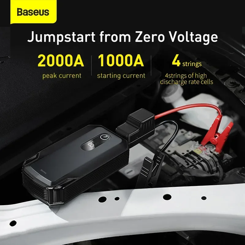 Imagem -04 - Baseus-jump Starter Power Bank Bateria de Carro Portátil Emergência Auto Booster Dispositivo de Partida Jump Start 2000a 12v 20000mah