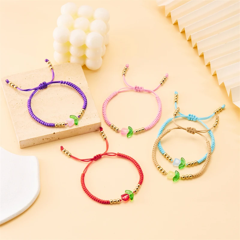 Light Luxury Purple Tulip Bracelet For Women Korean Resin Flower Beaded Adjustable Charm Bracelet Handmade Friendship Jewelry