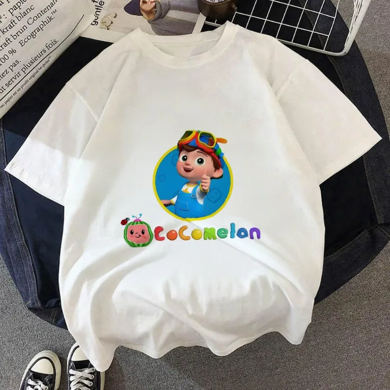 Cocomelon camiseta dos desenhos animados verão moda manga curta topo camiseta meninos e meninas topos verão streetwear branco crianças camisetas