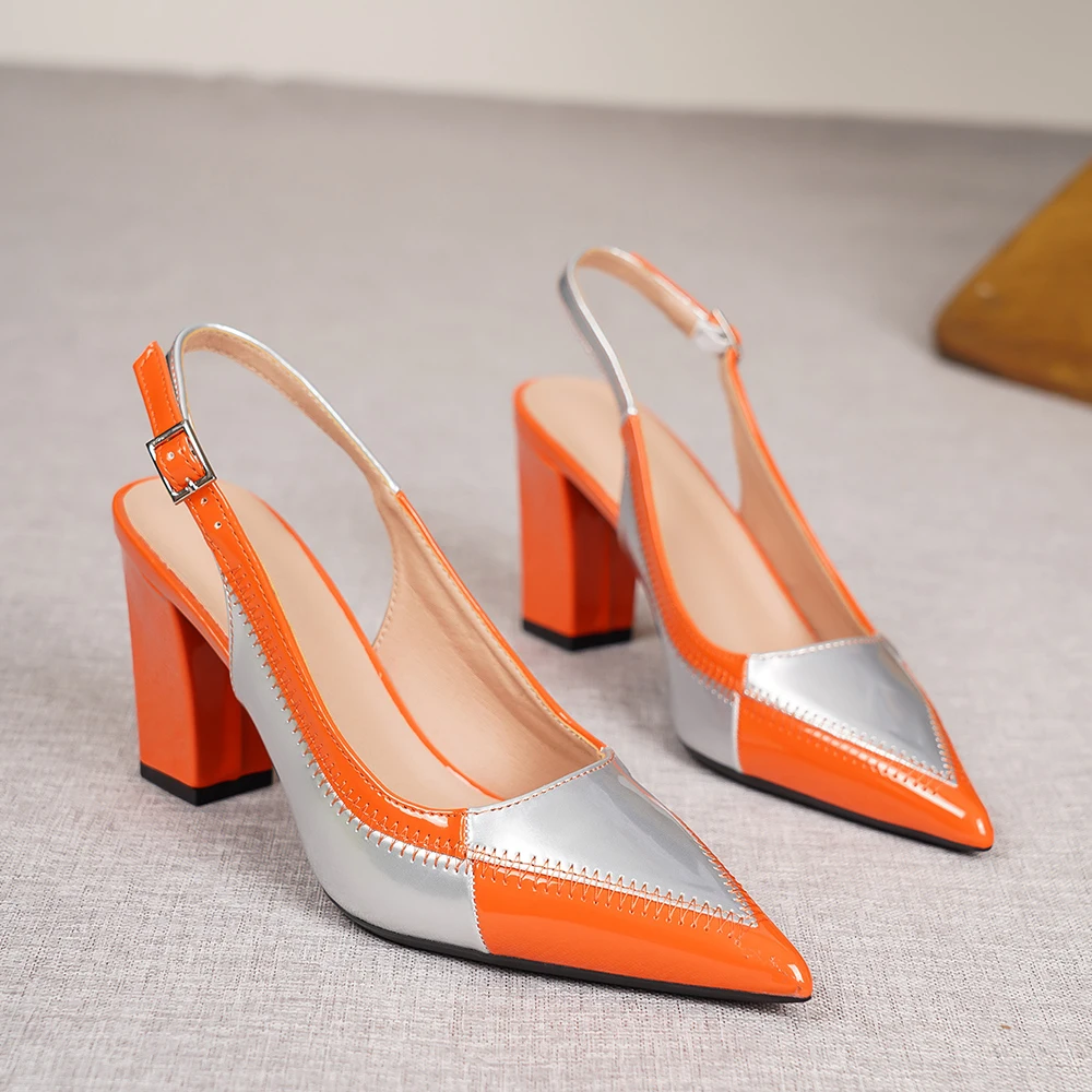 Women's Summer New Fashionable High Heels New Retro Color blocked Sandals Versatile Pointed Shallow Mouth Coarse Follow up Shoes