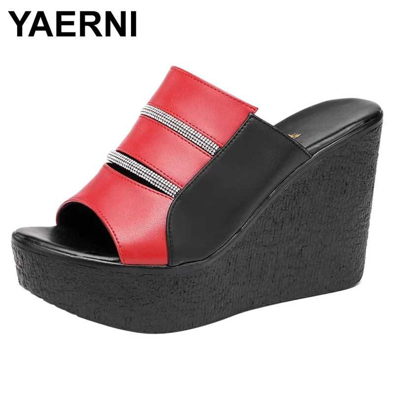 YAERNI Small Plus Size 32-43 Extreme High Heels Slippers Summer Rhinestone 11cm Heel Platform Wedges Slides for Office Party