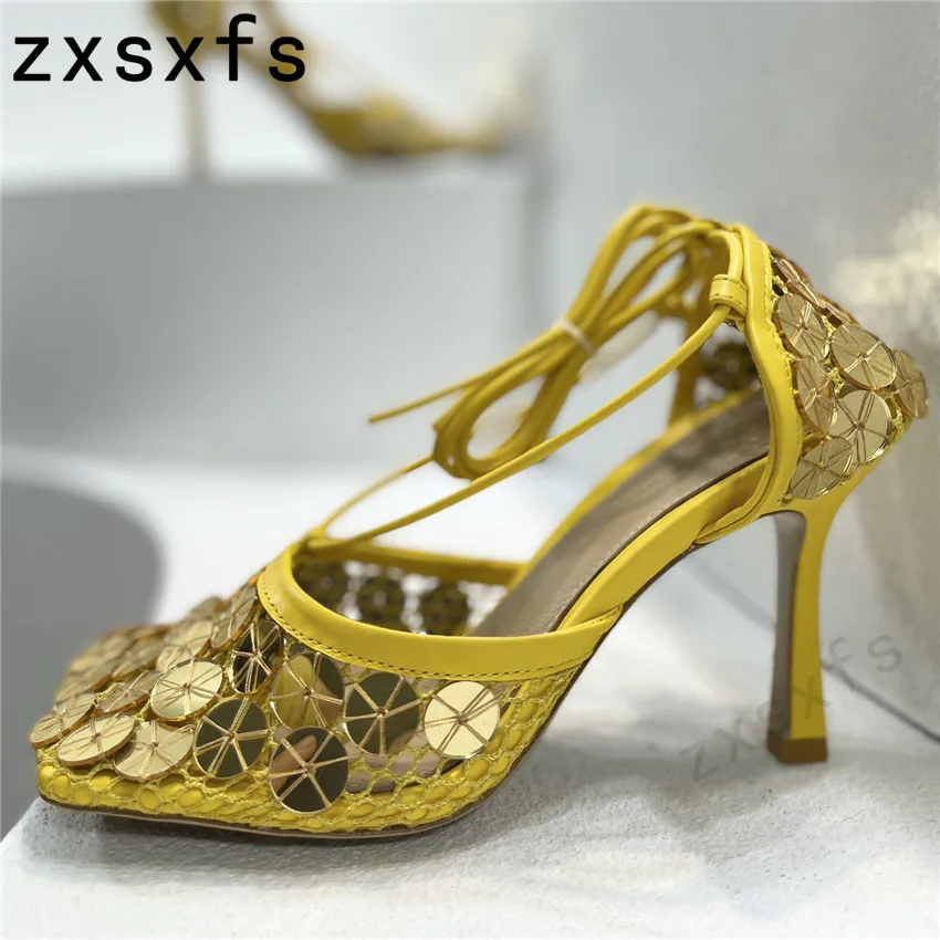 New Arrivals Sequins High Heel Sandals Women Air Mesh Gladiator Pumps Ladies Cross Tied Glittered Party High Heels Mules Summer