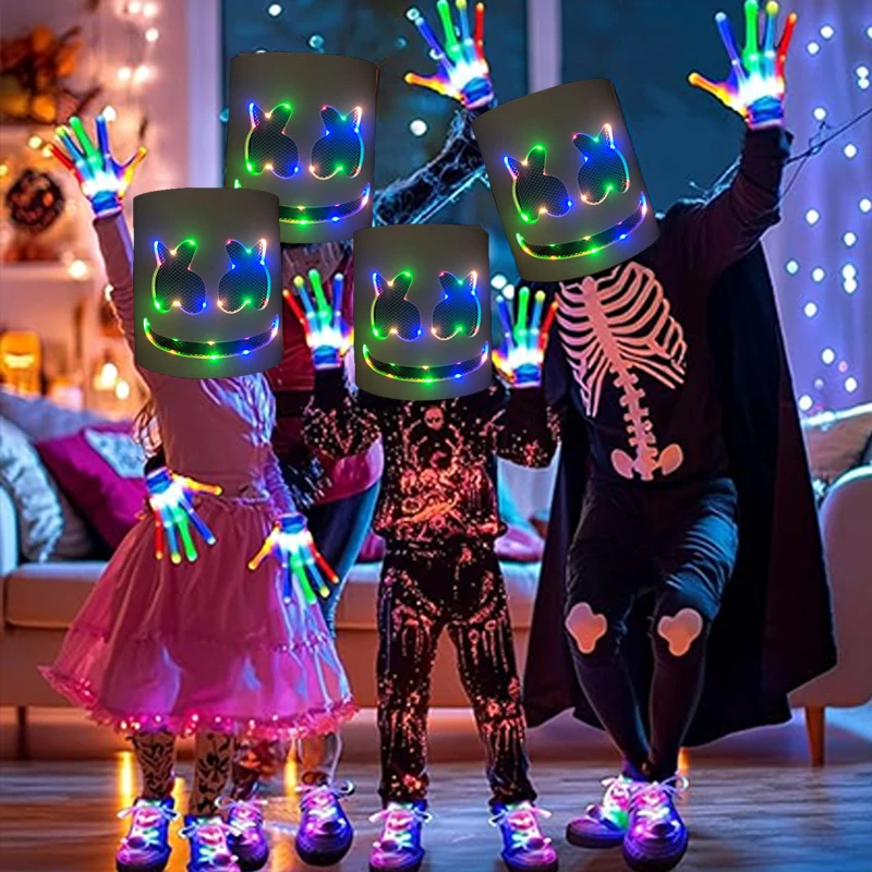 DJ Marshmello Light Светодиодная маска Красочные неоновые светодиодные перчатки Хэллоуин Карнавал Светящаяся вечеринка Маскарад DIY Светящаяся маска Косплей Декор