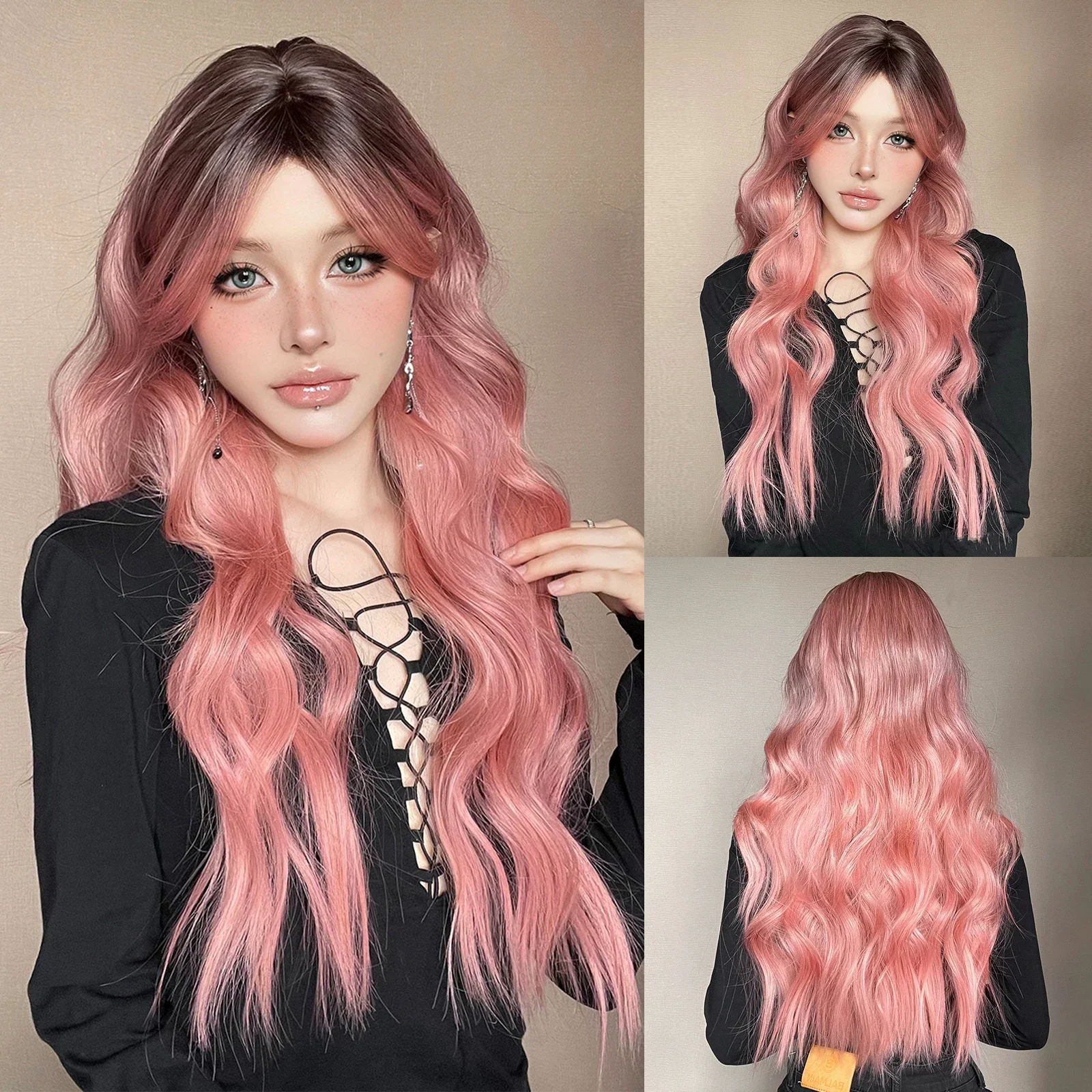 

Halloween mask Decoration Wigs Ombre Black Pink Cosplay Wig Middle Part Natural Lolita Wigs For Women Heat Resistant Fake Hair