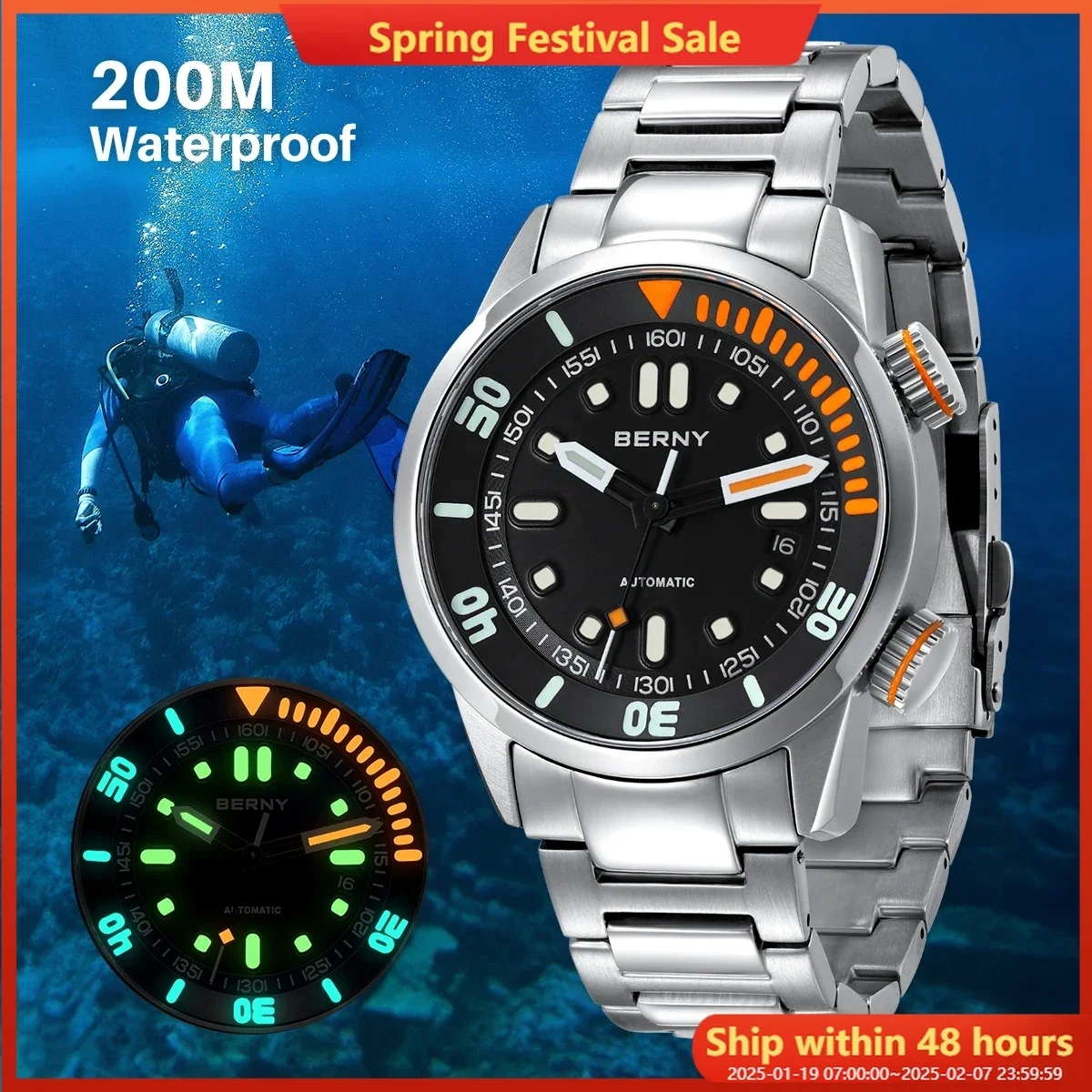 BERNY Automatic Dive Watch for Men Super Luminous Original Design 20ATM Man Wristwatch Sapphire Swim Sport Mechanical Male Watch