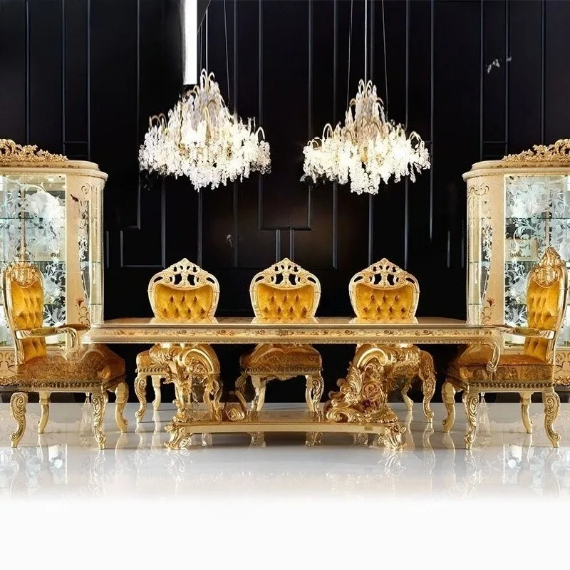 Solid wood carved dining table French art parquet luxury restaurant 8 people dining table dining chair combination