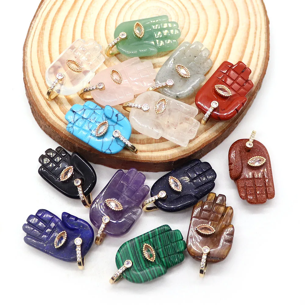 Creative Exquisite Natural Malachite Carved Palm-shaped Inlaid Eye Patch Single Hole Pendant DIY Necklace Earring Jewelry 1pc