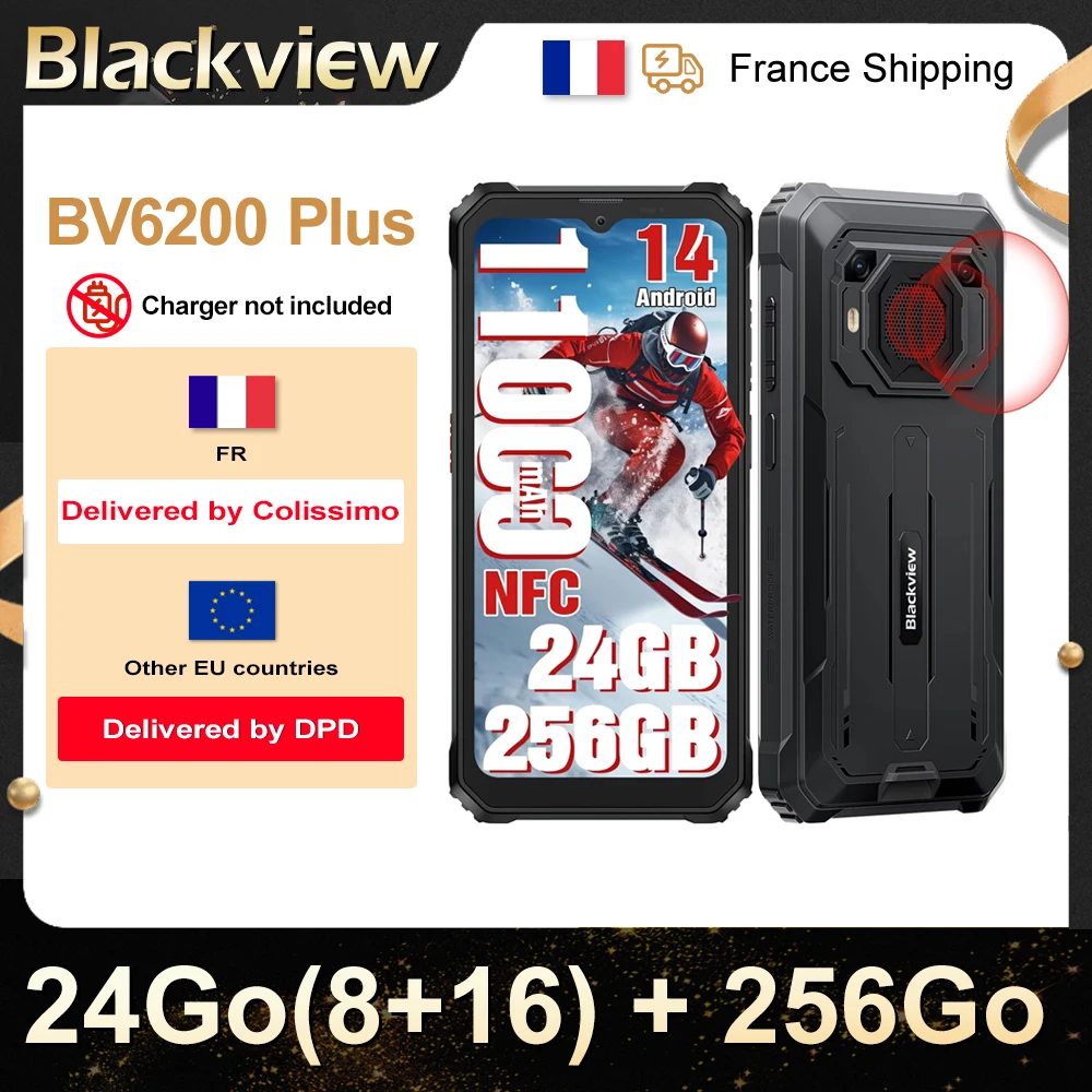 Blackview BV6200 Plus [no charger UE]24Go(8 + 16) 256Go 11000mAh Phone portable, screen 6,56 ''HD +, 16MP Android 14