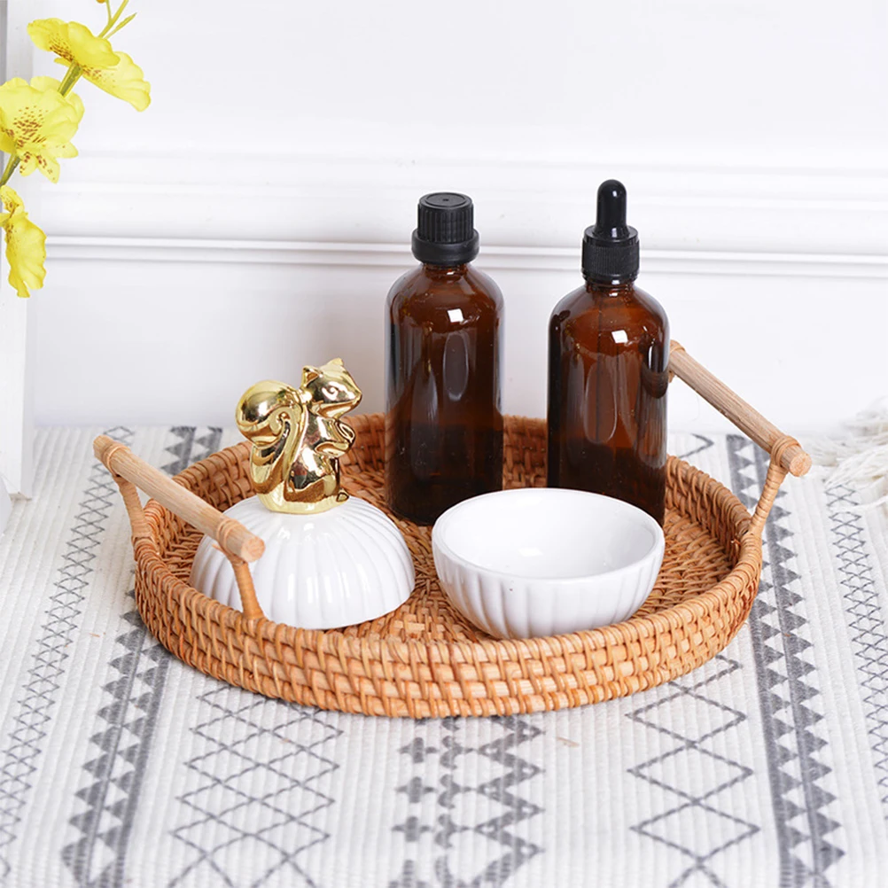 

Rattan Woven Storage Tray Round Fruit Basket H made Picnic Tray Home Hotel Shop Decor Sundries ganizer Kitchen Bar Accessories