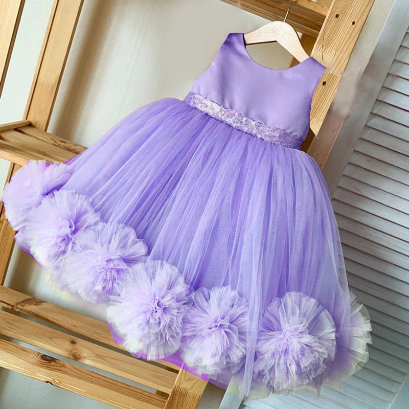 Fluffy Trailing Flower Party Dresses For Girls Wedding White Bridesmaid Birthday Princess Dress Lace Bow Girl Evening Ball Gown