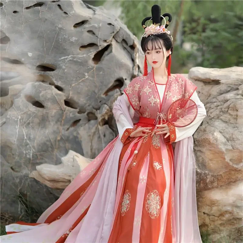 Hanfu auténtico de tres piezas para mujer, falda de la dinastía Tang China hasta la cintura, primavera y verano, vestido tradicional chino, Cosplay rojo