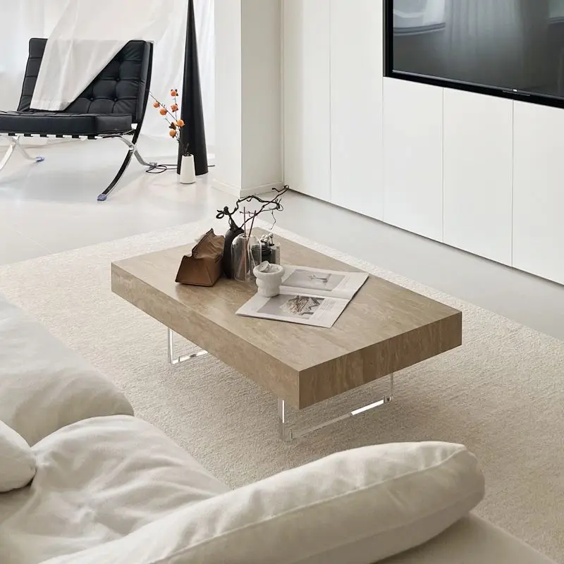 Travertine rock slab coffee table simple acrylic suspension minimalist rectangular rock slab coffee table