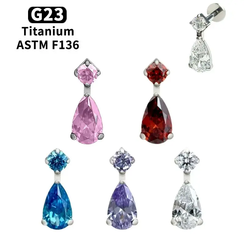 

G23 Titanium Teardrop-Shaped Labret Piercing 16G CZ Lip Studs Tragus Helix Cartilage Flat Back Earrings Body Piercing Jewelry