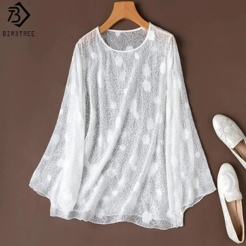 

Birdtree, 100% Silk Sheer Blouse, O-neck Long Sleeve Shirt, Women's Embroidery Georgette Loose Smock, 2026 Summer New T65608JF