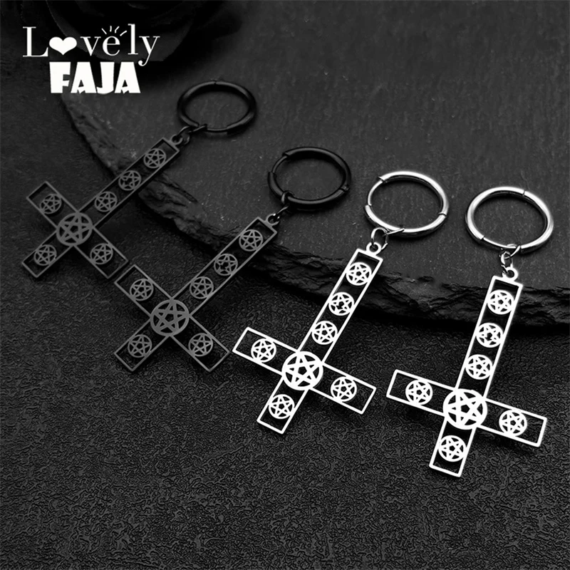 Inverted Jesus Cross Occult Pentagram Hoop Earrings for Women Men Stainless Steel Gothic Satan Star of David Earring Jewelry