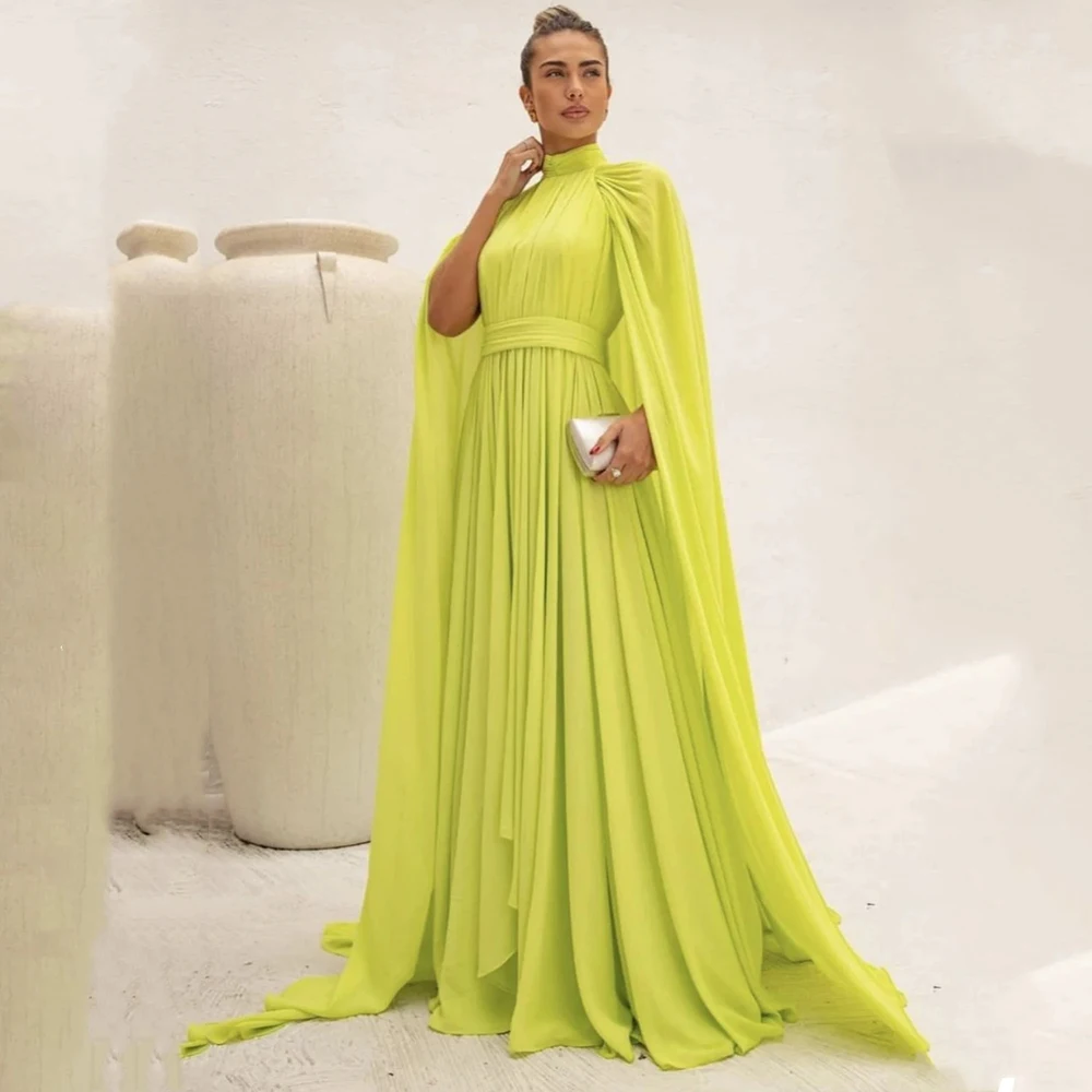 Customized Yipeisha Fashion Elegant Lemon yellow Chiffon Evening Dresses Pleat With Cape A-line Draped High Neck Floor Length Pa