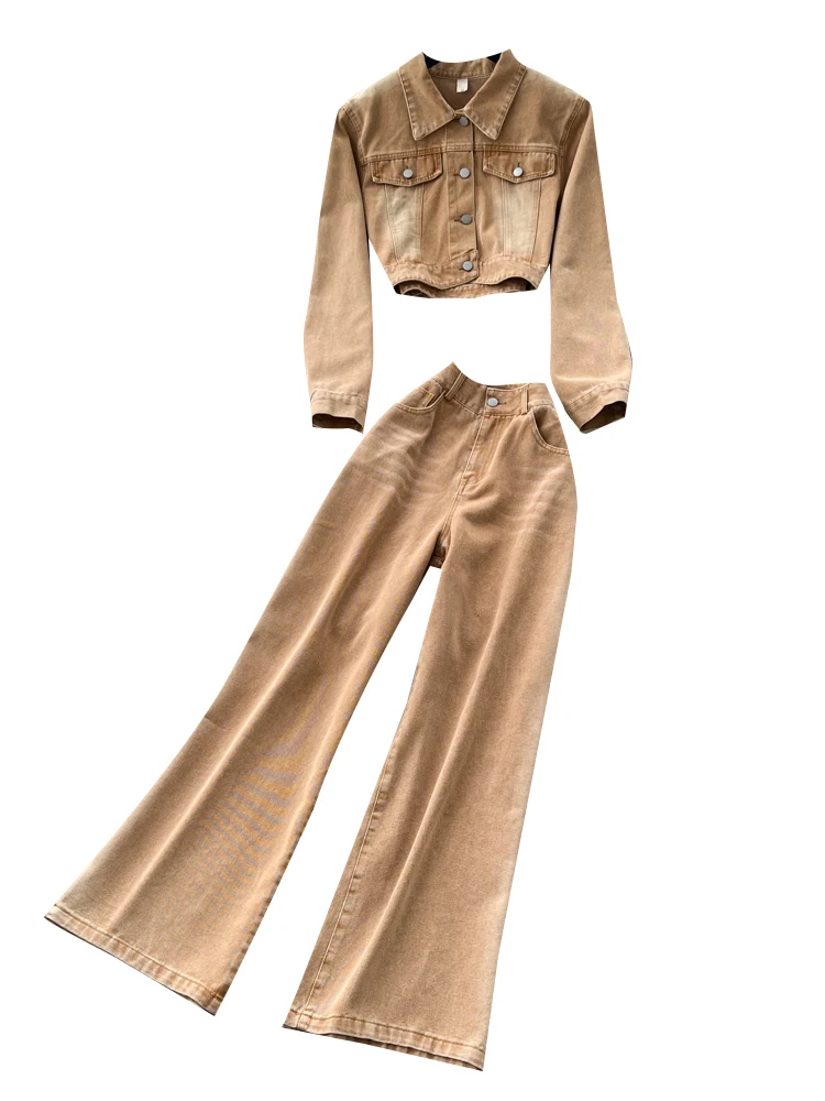 Hong Kong Sle Chic Faion Retro ort Denim Long Sve Jaet Hohe Taille Weites Bein Gerade Schnitt Hosen Herbst Zwei Stück Set
