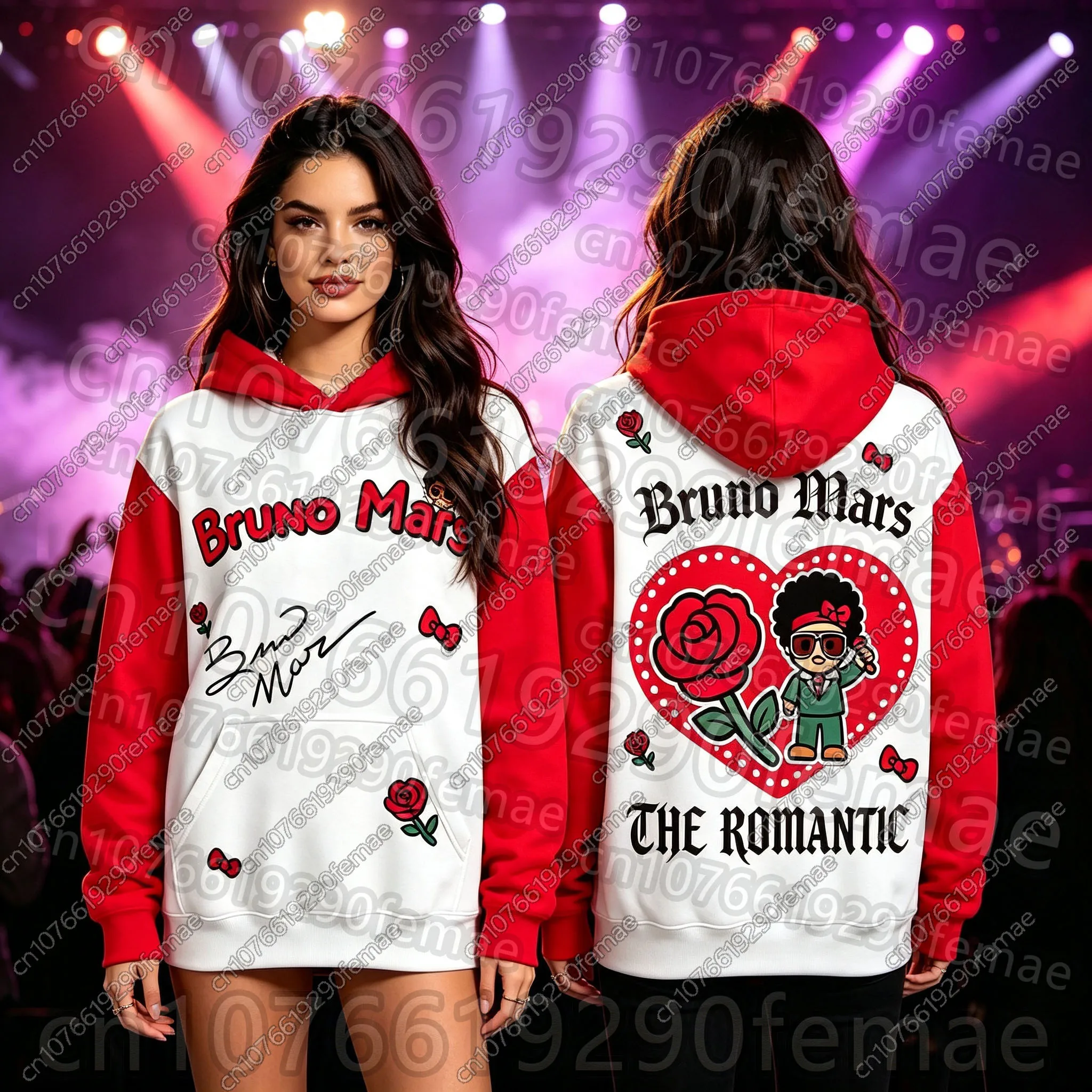 Bruno Mars The Romantic Tour Hoodie Unisex Redwhite Splice Hooded Sweatshirt Rose Cartoon Print Streetwear Concert Fan Pullover