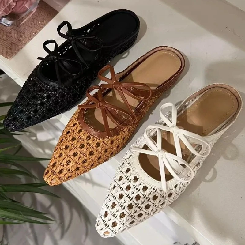 

Удобные женские шлепанцы с полым плетением, модные декоративные брендовые шлепанцы с бантом, элегантные нескользящие уличные пляжные сандалии