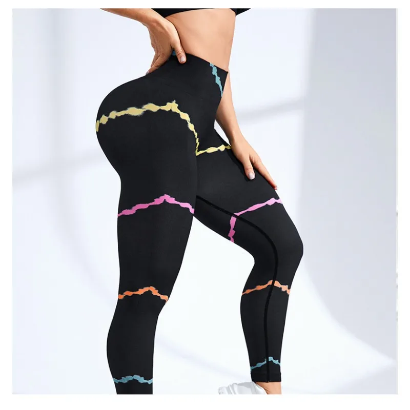 Women Colored Stripes Leggings Nylon High Waist Tights Gym Sports Running Seamless Butt Lift Fashion Slim Yoga Fitness Pants