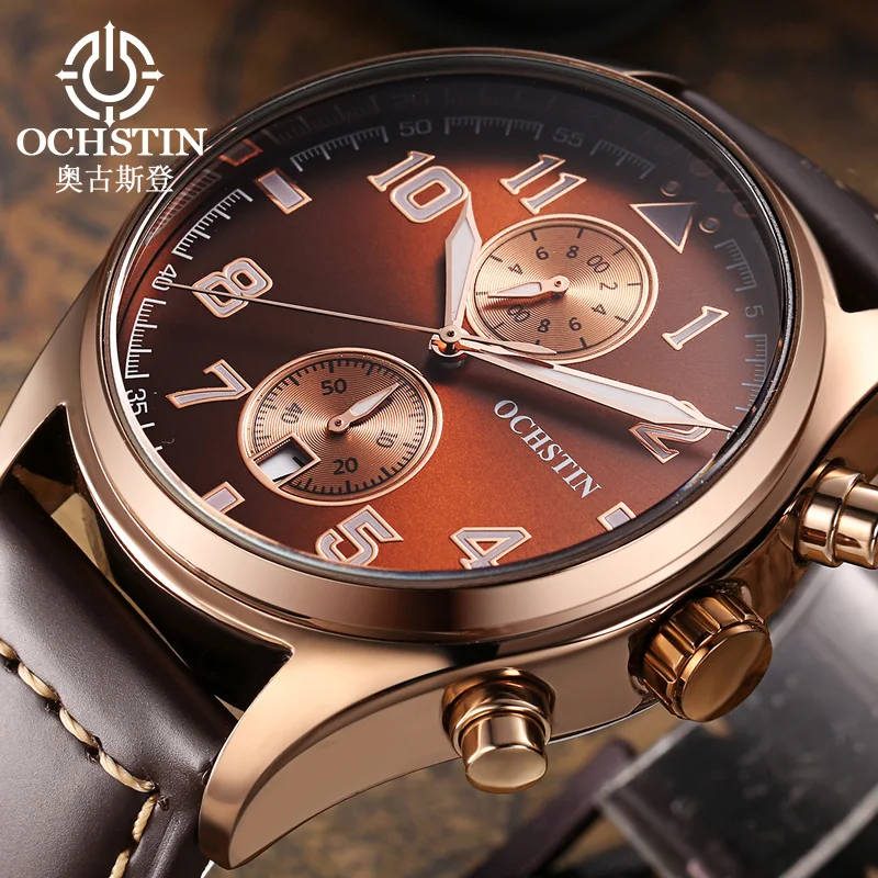 OCHSTIN حزام من الجلد حركة ساعات رجالية كوارتز مقاوم للماء أزياء فاخرة رجل متعدد الوظائف الطيار سلسلة ساعة اليد #2