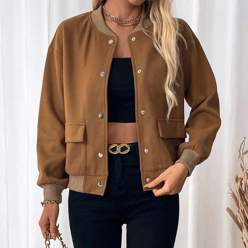 

Women's Brown Ribbed Trim Bomber Jacket with Pocket and Button Detail Autumn Casual Fashion Loose Fit