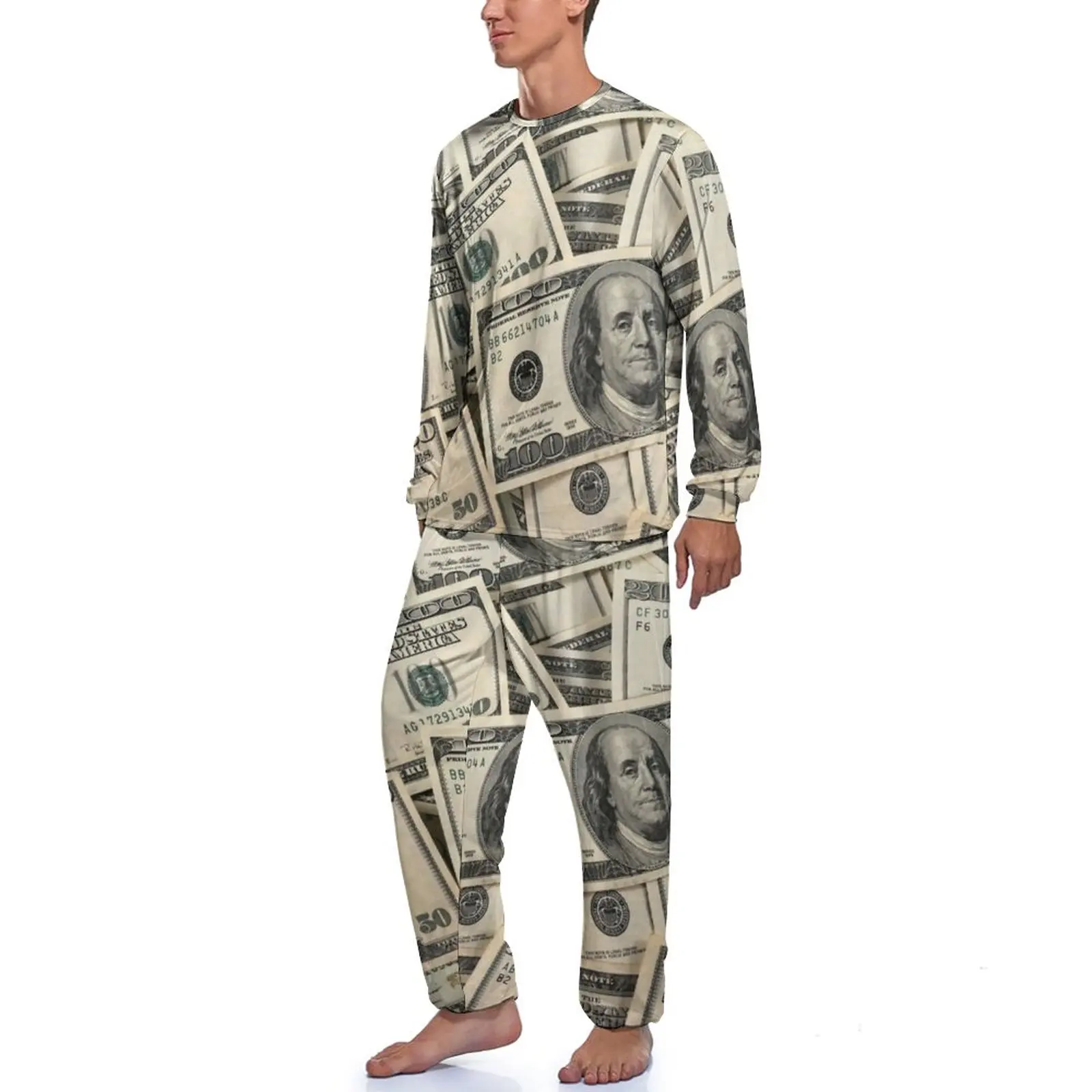 Dollar Pajamas Money Currency Male Long Sleeve Trendy Pajama Sets 2 Pieces Casual Autumn Pattern Nightwear Gift